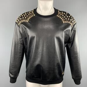 JUST CAVALLI Size XS Black Rhinestone Studded Coated Cotton Crew-Neck Sweatshirt